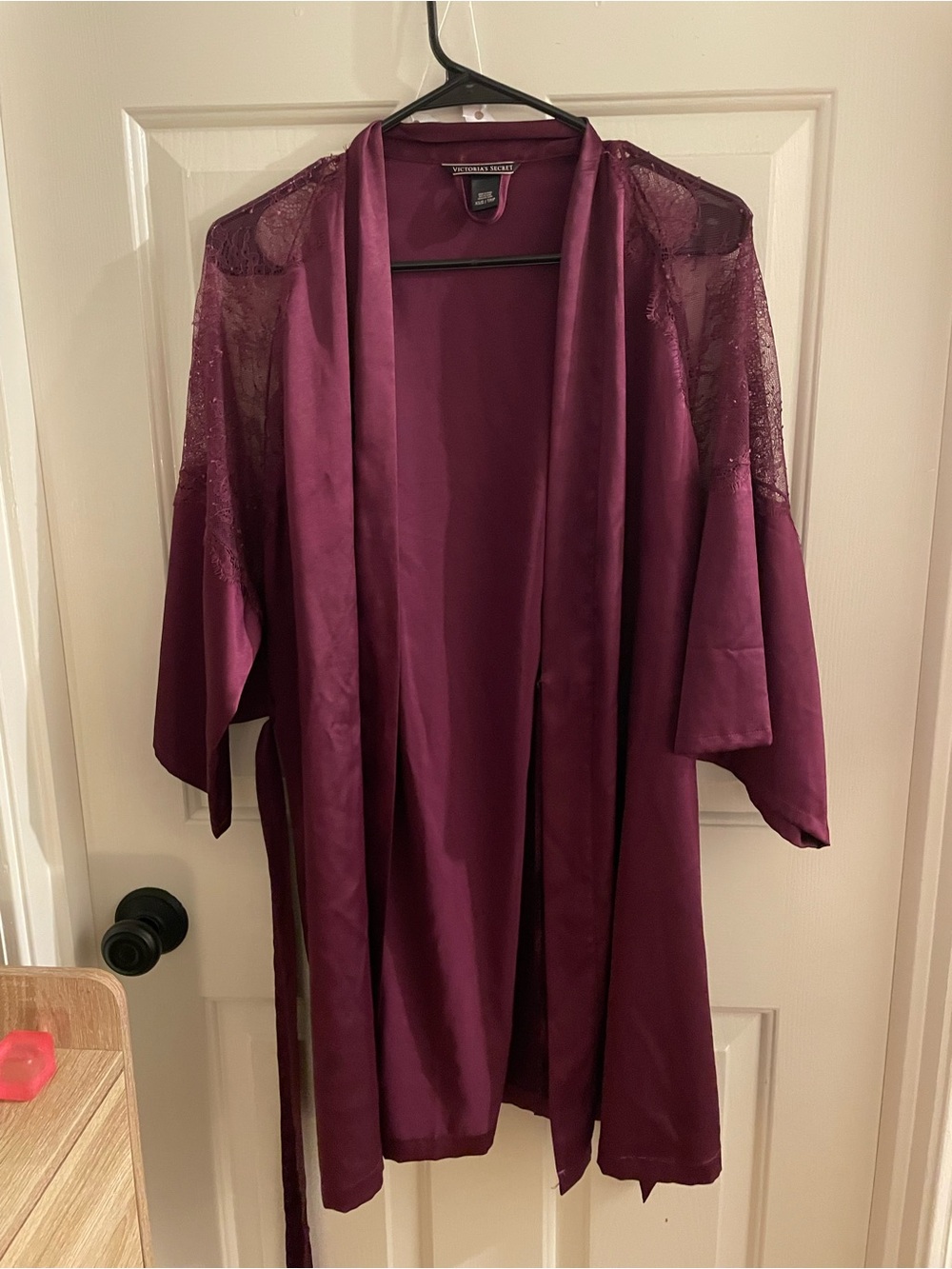 Victoria's Secret Satin Lace-Shoulder Burgundy Kimono Robe